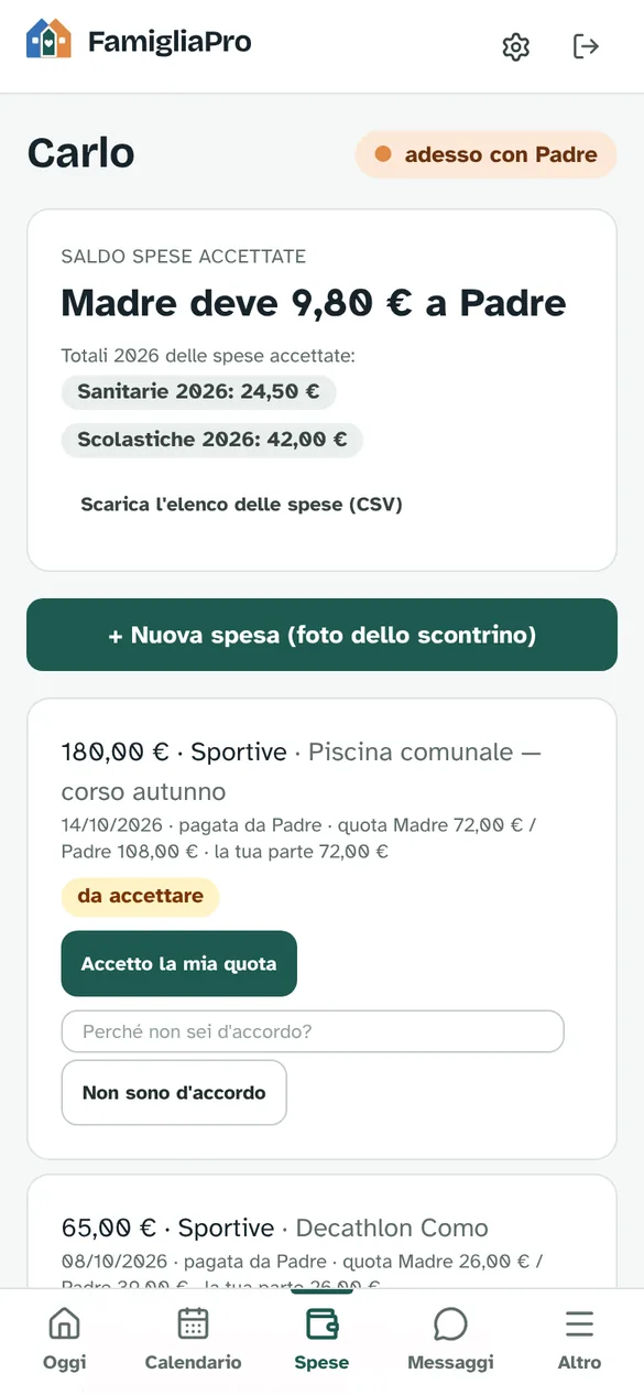 Schermata Spese: saldo tra i genitori, spese da accettare con la quota di ciascuno