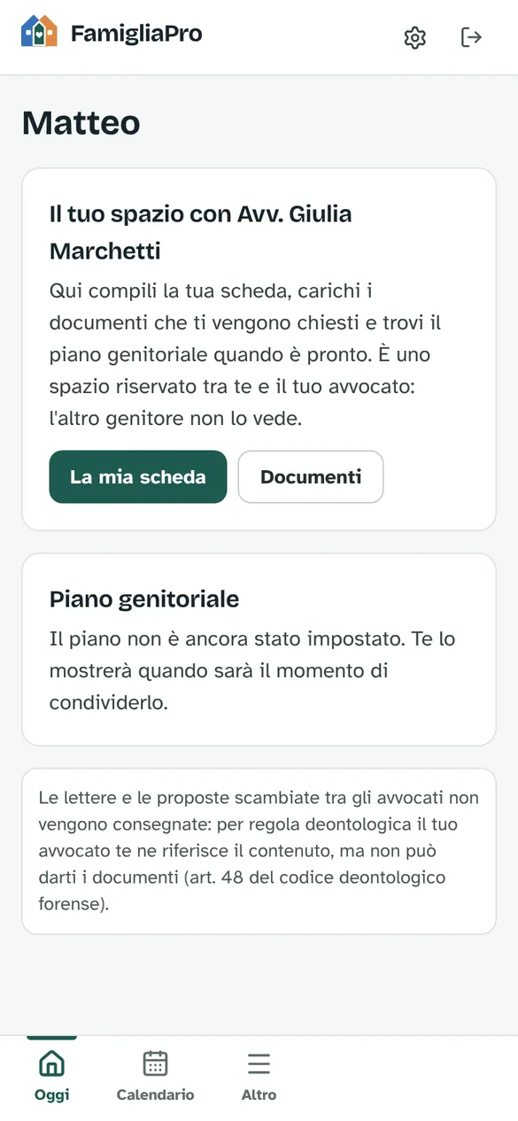 Spazio del cliente dell'avvocato: scheda, documenti e piano genitoriale, con la nota sulla corrispondenza tra avvocati