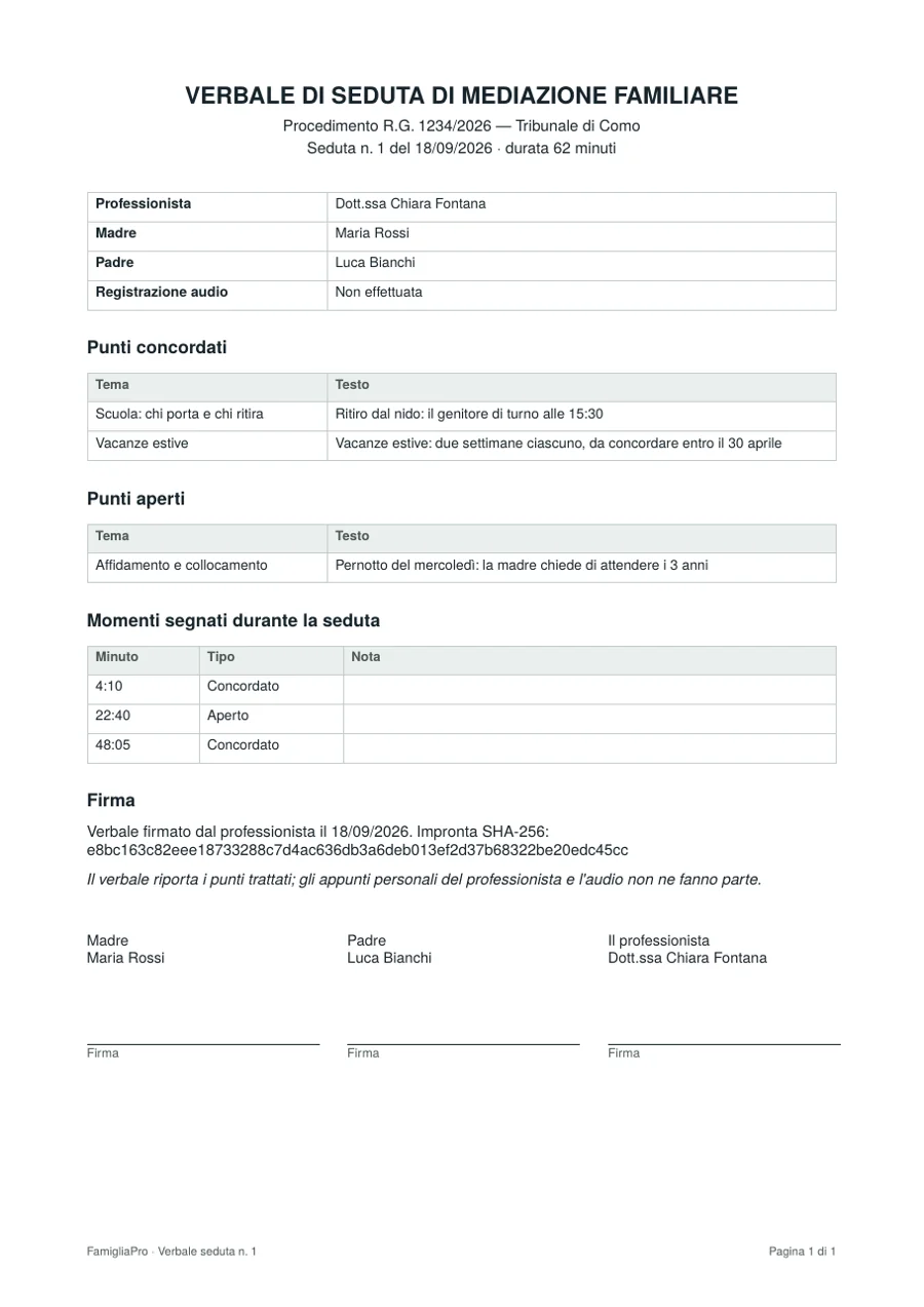 Verbale di seduta in PDF: partecipanti, punti concordati e aperti, momenti segnati, impronta della firma e spazi per le firme