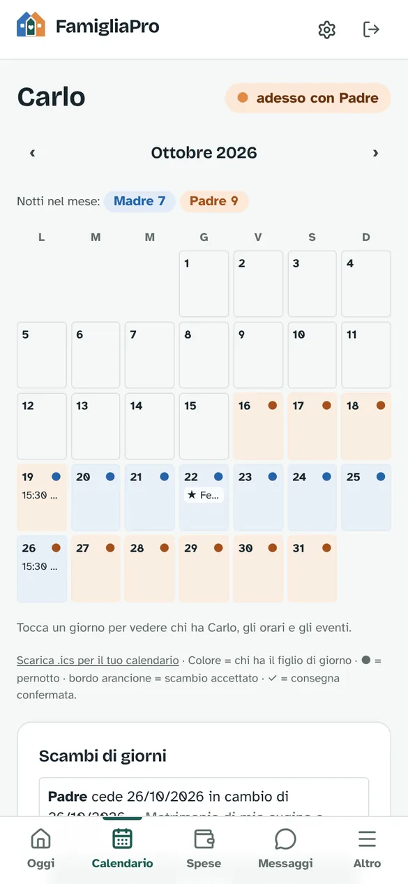 Calendario del mese: giorni colorati per genitore, pernotti, passaggi, scambi di giorni