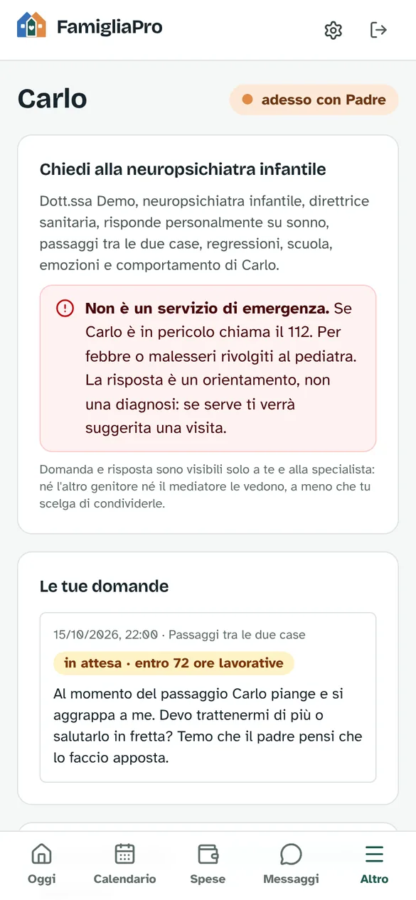 Pagina della neuropsichiatra: avviso che non è un servizio di emergenza e la domanda inviata in attesa di risposta entro 72 ore lavorative