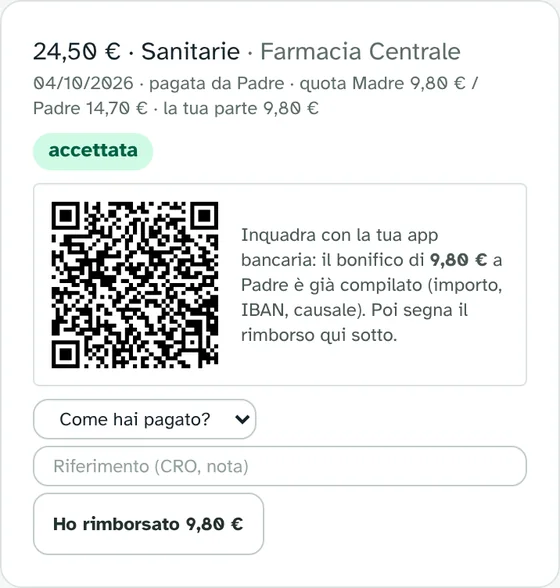 Spesa sanitaria accettata da 24,50 euro con quota di 9,80 euro e codice QR del bonifico già compilato