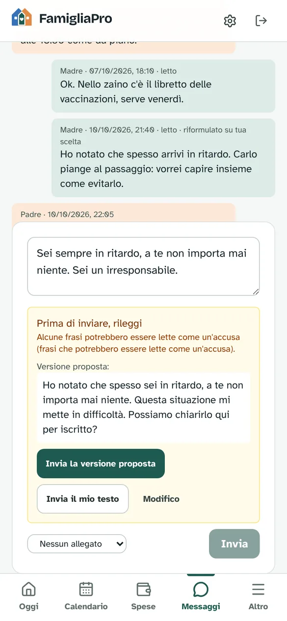 Prima dell'invio: il messaggio scritto e la versione più neutra proposta, con i pulsanti Invia la versione proposta, Invia il mio testo, Modifico