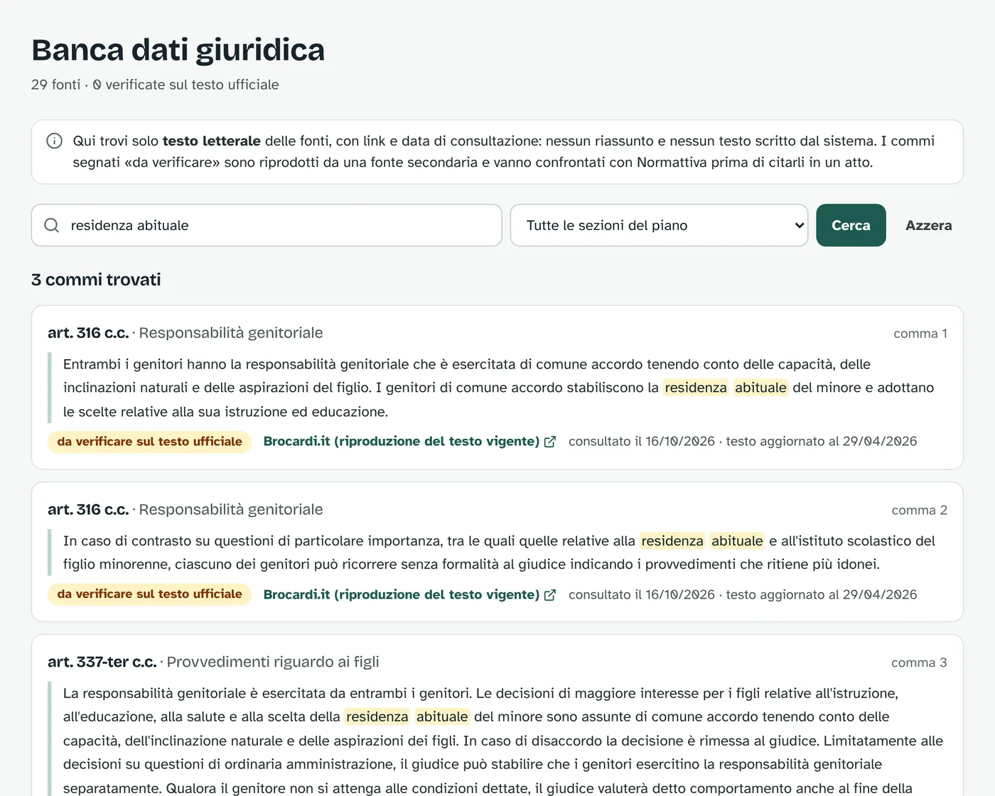 Ricerca «residenza abituale» nella banca dati: commi trovati con evidenziazione, stato di verifica e fonte