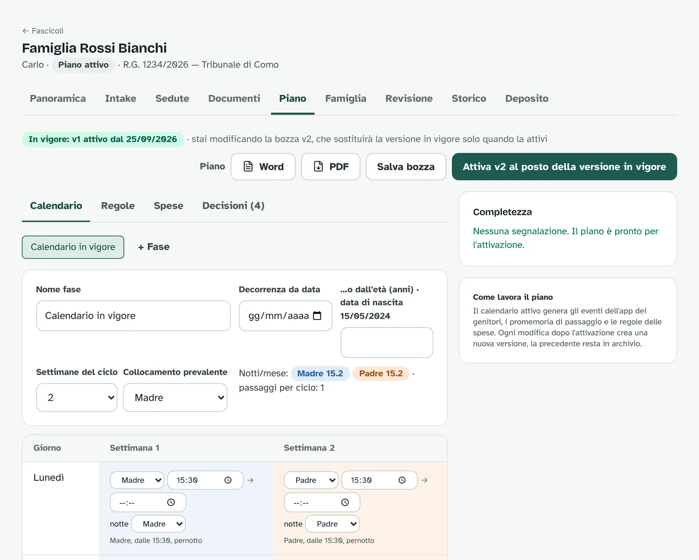 Editor del piano: versione in vigore, download Word e PDF, calendario a due settimane con orari e pernotti, notti al mese per genitore, controllo di completezza