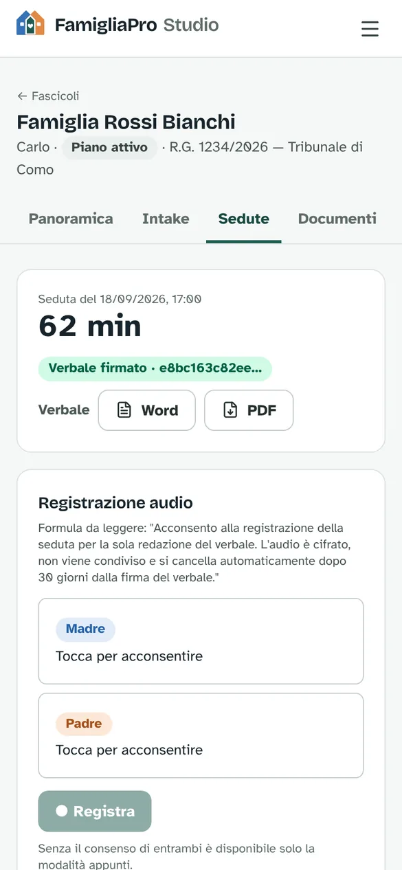 Seduta dal telefono: durata, verbale firmato con impronta, download Word e PDF, consenso alla registrazione per ciascun genitore